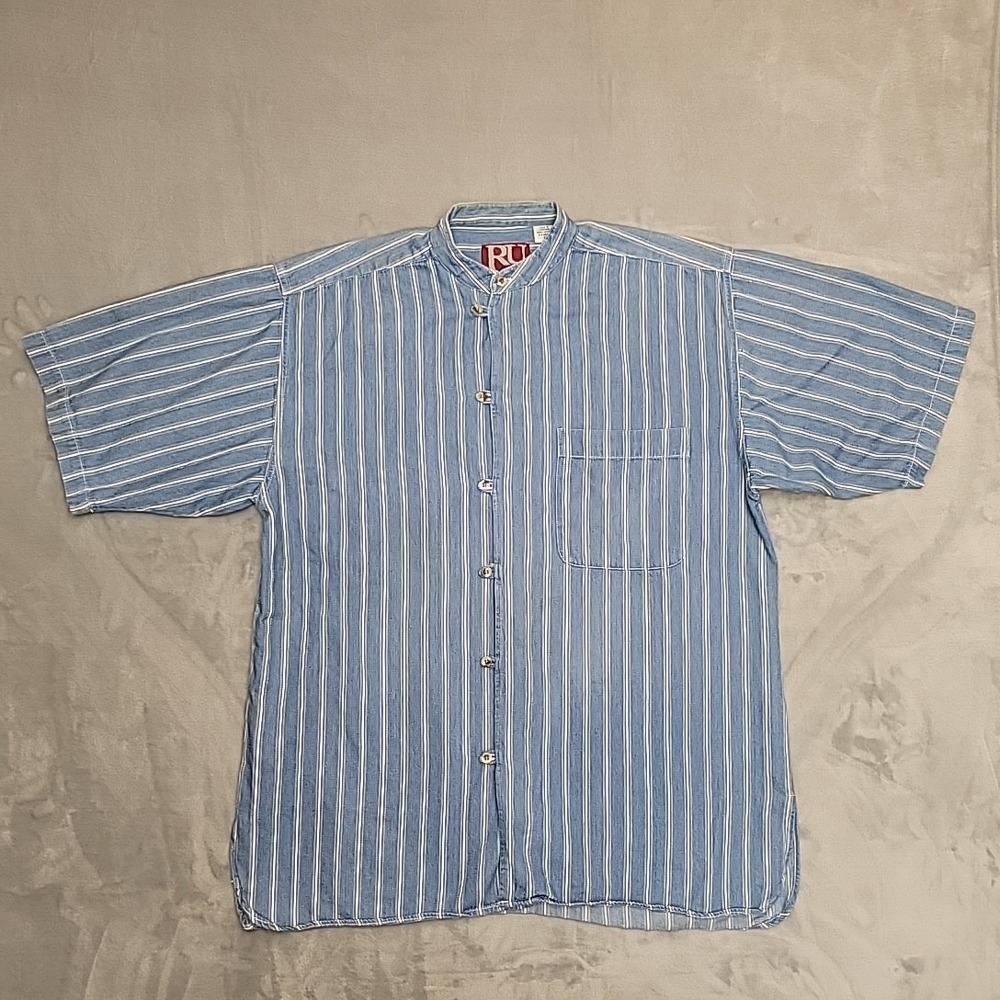 Vintage Ruff Shirt Men Large Blue White Stripe Band Collar Casual 90s Streetwear